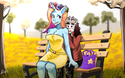 Size: 1920x1200 | Tagged: safe, artist:dorimuky, imported from derpibooru, sassy saddles, oc, oc:apollyon, anthro, anthro oc, apollyonsaddles, female, male, outdoors, shipping, sitting, straight