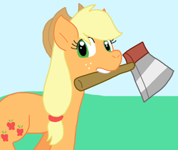 Size: 976x821 | Tagged: safe, artist:cmara, imported from derpibooru, applejack, earth pony, pony, axe, female, mouth hold, solo, weapon