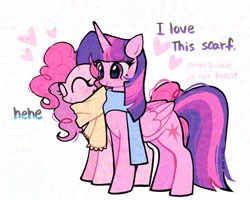 Size: 2048x1638 | Tagged: safe, artist:petaltwinkle, imported from derpibooru, pinkie pie, twilight sparkle, alicorn, earth pony, pony, adversarial noise, clothes, duo, eyes closed, female, heart, lesbian, scarf, shipping, simple background, smiling, text, twilight sparkle (alicorn), twinkie, wings