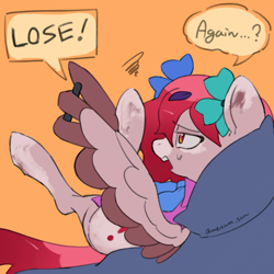 Size: 4096x4096 | Tagged: safe, artist:metaruscarlet, imported from derpibooru, oc, oc only, oc:metaru scarlet, pegasus, pony, cellphone, clothes, dissatisfied, emanata, english, flower, flower in hair, leaves, leaves in hair, open mouth, pegasus oc, phone, pillow, simple background, smartphone, solo, spotted, talking, text, wing hands, wings, yellow background