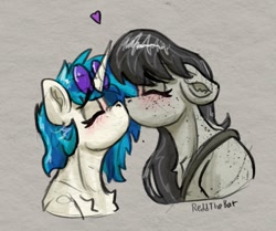 Size: 1121x937 | Tagged: safe, artist:reddthebat, imported from derpibooru, dj pon-3, octavia melody, vinyl scratch, earth pony, pony, unicorn, blushing, chest fluff, duo, duo female, ear fluff, eyes closed, female, floating heart, floppy ears, heart, height difference, horn, kiss on the lips, kissing, lesbian, mare, missing accessory, scratchtavia, shipping, signature, sunglasses, sunglasses on head