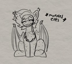 Size: 956x846 | Tagged: safe, artist:reddthebat, imported from derpibooru, oc, oc only, oc:reddthebat, bat pony, pony, bat pony oc, bat wings, chest fluff, descriptive noise, eeee, eyes closed, female, freckles, grayscale, mare, monochrome, sitting, sketch, solo, wings