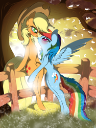 Size: 2304x3072 | Tagged: safe, artist:v-d-k, imported from derpibooru, applejack, rainbow dash, earth pony, pegasus, appledash, applejack's hat, blushing, cowboy hat, duo, duo female, female, fence, hat, lesbian, looking at each other, looking at someone, shipping, spread wings, tree, wings