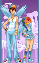 Size: 558x900 | Tagged: safe, artist:zoe-productions, imported from derpibooru, rainbow dash, human, pegasus, blushing, cutie mark accessory, cutie mark necklace, female, humanized, jewelry, male, necklace, rainbow blitz, rule 63, winged humanization, wings