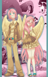 Size: 558x900 | Tagged: safe, artist:zoe-productions, imported from derpibooru, fluttershy, human, pegasus, blushing, butterscotch, female, flutterscotch, half r63 shipping, holding hands, humanized, male, rule 63, self paradox, self ponidox, selfcest, shipping, shyshy, straight, winged humanization, wings