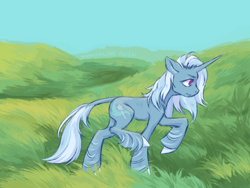 Size: 4444x3333 | Tagged: safe, artist:mammalian_alien, imported from derpibooru, trixie, classical unicorn, pony, unicorn, cloven hooves, colored sketch, dishevelled, doodle, frown, grass, horn, leonine tail, nature, outdoors, side view, sketch, solo, tail, unshorn fetlocks