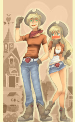 Size: 558x900 | Tagged: safe, artist:zoe-productions, imported from derpibooru, applejack, human, applejack (male), applejack's hat, bandana, blushing, clothes, cowboy hat, daisy dukes, denim, female, freckles, hat, humanized, jeans, male, pants, rule 63, shorts