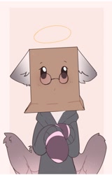 Size: 771x1206 | Tagged: safe, artist:little-sketches, oc, oc only, pegasus, pony, blushing, box, clothes, coat markings, colored wings, ear fluff, eyebrows, female, floppy ears, glasses, gradient wings, halo, hoodie, hooves to the chest, mare, partially open wings, passepartout, pegasus oc, solo, wings