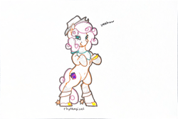 Size: 6930x4662 | Tagged: safe, artist:rhythmpixel, imported from derpibooru, oc, oc:quickdraw, earth pony, pony, belly, belly button, bipedal, boots, chest fluff, clothes, cowboy hat, curly mane, cute, female, freckles, gift art, handkerchief, harmonycon, hat, hoof ring, looking at you\, mare, open mouth, scarf, shoes, sketch, smiling, spurs, traditional art, yeehaw