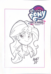 Size: 4704x6716 | Tagged: safe, artist:tonyfleecs, imported from derpibooru, sunset shimmer, equestria girls, book, commissioner:dhs, harmonycon, looking at you, scan, signature, smiling, traditional art