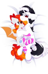 Size: 1305x2000 | Tagged: safe, artist:little-sketches, oc, oc only, bat pony, pony, unicorn, bat pony oc, bat wings, bed, blushing, bow, butt fluff, cheek fluff, chest fluff, clothes, crossed legs, cuddling, duo male and female, ear fluff, eye clipping through hair, eyebrows visible through hair, female, floppy ears, gradient mane, gradient tail, gray coat, hair bow, hock fluff, horn, leg fluff, male, mare, oc x oc, on bed, on side, shipping, smiling, socks, spread wings, stallion, striped socks, tail bow, two toned mane, two toned tail, unicorn horn, unicorn oc, white coat, wings