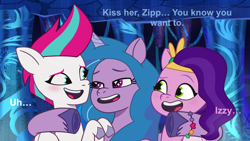 Size: 1920x1080 | Tagged: safe, edit, edited screencap, imported from derpibooru, screencap, izzy moonbow, pipp petals, zipp storm, pegasus, pony, unicorn, blushing, cave, female, g5, horn, incest, lesbian, looking at each other, looking at someone, mare, my little pony: tell your tale, ooh a new friend, petalstorm, royal sisters (g5), shipper on deck, shipping, siblings, sisters, smiling, speech, talking, text, trio, trio female