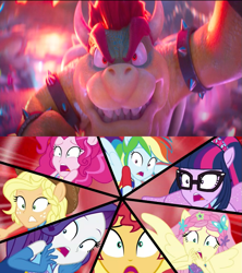 Size: 843x948 | Tagged: safe, artist:smbros, edit, edited screencap, imported from derpibooru, screencap, applejack, fluttershy, pinkie pie, rainbow dash, rarity, sci-twi, sunset shimmer, twilight sparkle, human, koopa, cheer you on, equestria girls, spoiler:eqg series (season 2), bowser, crossover, humane five, humane seven, humane six, mane six, my little pony equestria girls: better together, ponied up, shocked, super mario, super ponied up, the super mario bros. movie