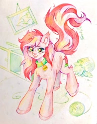 Size: 1681x2160 | Tagged: safe, artist:paradise, imported from derpibooru, roseluck, earth pony, pony, behaving like a cat, collar, commission, commissioner:doom9454, cute, pet tag, pony pet, rosepet, traditional art, yarn, yarn ball