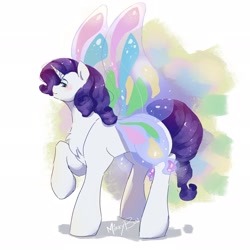 Size: 2048x2048 | Tagged: safe, artist:mikkybun, imported from derpibooru, rarity, pony, unicorn, blushing, female, glimmer wings, horn, lidded eyes, looking at you, mare, profile, raised hoof, signature, simple background, smiling, smiling at you, solo, white background, wings