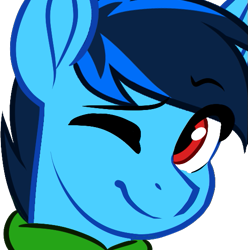 Size: 537x541 | Tagged: safe, artist:mxiiisy, imported from derpibooru, oc, oc only, oc:cobalt chaser, pegasus, pony, blue coat, blue mane, clothes, digital art, emotes, hoodie, jacket, looking at you, male, one eye closed, pegasus oc, red eyes, simple background, smiling, solo, sweater, transparent background, wings, wink, winking at you