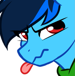 Size: 537x541 | Tagged: safe, artist:mxiiisy, imported from derpibooru, oc, oc only, oc:cobalt chaser, pegasus, pony, :p, angry, blue coat, blue mane, clothes, digital art, emotes, hoodie, jacket, looking back, male, pegasus oc, red eyes, simple background, solo, sweater, tongue out, transparent background, wings