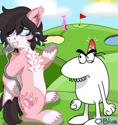 Size: 1960x2080 | Tagged: safe, artist:💎blue, imported from derpibooru, oc, oc:brightbrush, bat pony, pony, angry, art trade, background character, blue eyes, colored background, crossover, glasses, golf, golf club, grass, head bump, pink panther, pink panther & pals, pink panther big nose, red flag, sand, sports, unshorn fetlocks, water, watermark, worried smile