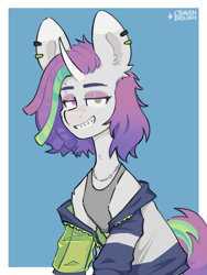 Size: 1477x1960 | Tagged: safe, artist:crashbrush, imported from derpibooru, oc, oc only, pony, unicorn, accessory, beads, blue background, braces, clothes, curved horn, ear fluff, ear piercing, eyelashes, eyeshadow, female, horn, jewelry, looking at you, makeup, mare, piercing, simple background, sitting, smiling, solo