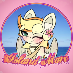 Size: 1640x1640 | Tagged: safe, artist:sodapop sprays, imported from derpibooru, oc, oc only, oc:sodapop sprays, pegasus, pony, background, blushing, bust, chest fluff, clothes, ear fluff, eye clipping through hair, flower, freckles, hawaii, hawaiian, hawaiian flower in hair, looking at you, ocean, one eye closed, plumaria, smiling, smiling at you, solo, text, water, wink, winking at you