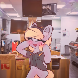 Size: 1920x1920 | Tagged: safe, artist:sodapop sprays, imported from derpibooru, part of a set, derpy hooves, pegasus, pony, semi-anthro, series:derpy can't catch a break, clothes, mcdonald's, part of a series, solo, this will end in death