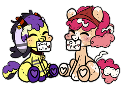 Size: 2077x1500 | Tagged: safe, artist:anykoe, imported from derpibooru, oc, oc only, oc:cherry pie, oc:kimek naz, earth pony, goat, blushing, button, clothes, commission, cute, duo, earth pony oc, eyes closed, female, fluffy, hat, plushie, sign, simple background, sitting, solo, solo female, text, transparent background, ych result, your character here