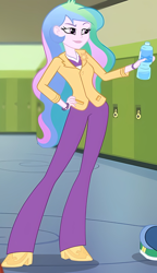 Size: 700x1212 | Tagged: safe, artist:creativet01, imported from derpibooru, princess celestia, do it for the ponygram!, equestria girls, equestria girls series, spoiler:eqg series (season 2), bracelet, clothes, cutie mark accessory, eyebrows, hand on hip, indoors, jacket, jewelry, lipstick, my little pony equestria girls: better together, pants, pin, principal celestia, raised eyebrow, shirt, shoes, smiling, smirk, solo, watch, water bottle, wristwatch