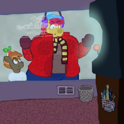 Size: 718x718 | Tagged: artist needed, source needed, safe, alternate version, imported from derpibooru, apple bloom, button mash, anthro, them's fightin' herds, arcade, arcade game, bundled up for winter, clothes, community related, duo, earmuffs, eyebrows, fat, female, hat, jacket, larger female, male, mittens, multiple variants, obese, older, older apple bloom, pants, physique difference, raised eyebrow, reflection, scarf, size difference, skinny, smaller male, stare, strong fat, sweater, thin, window