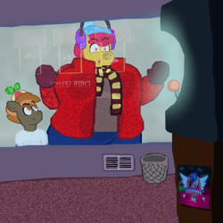 Size: 718x718 | Tagged: artist needed, source needed, safe, imported from derpibooru, apple bloom, button mash, anthro, arcade, arcade game, bundled up for winter, clothes, duo, earmuffs, eyebrows, fat, female, hat, jacket, larger female, male, mittens, multiple variants, obese, older, older apple bloom, pants, physique difference, raised eyebrow, reflection, scarf, size difference, skinny, smaller male, sonic the hedgehog (series), sonic.exe, stare, strong fat, sweater, thin, window