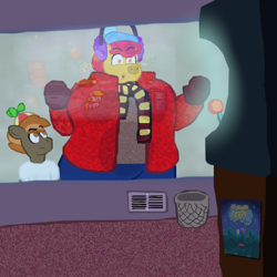 Size: 718x718 | Tagged: artist needed, source needed, safe, alternate version, imported from derpibooru, apple bloom, button mash, anthro, arcade, arcade game, bundled up for winter, clothes, daydreaming derpy, duo, earmuffs, eyebrows, fat, female, hat, jacket, larger female, male, mittens, multiple variants, obese, older, older apple bloom, pants, physique difference, raised eyebrow, reflection, scarf, size difference, skinny, smaller male, stare, strong fat, sweater, thin, window