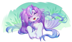 Size: 3050x1780 | Tagged: safe, artist:dedfriend, imported from derpibooru, oc, oc only, pegasus, pony, eyes closed, lying down, open mouth, pegasus oc, prone, solo, wings