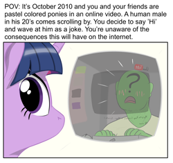 Size: 1260x1185 | Tagged: safe, artist:eels, imported from derpibooru, twilight sparkle, oc, oc:anon, human, pony, unicorn, blushing, breaking the fourth wall, brony history, computer, d:, eyelashes, female, horn, human and pony, looking at you, male, mare, meme, oh no, open mouth, text, unicorn twilight, youtube