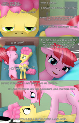 Size: 1989x3072 | Tagged: safe, artist:anonymousandrei, derpibooru exclusive, imported from derpibooru, li'l cheese, pacific glow, earth pony, pony, comic:life of li'l cheese, the last problem, bad parenting, bed, bedroom, bedroom eyes, colt, comic, duo, female, foal, indoors, male, mare, older, older pacific glow, on top, step-parent and step-child, stepmother