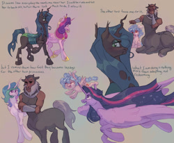 Size: 1700x1400 | Tagged: safe, artist:abbytabbys, imported from derpibooru, cozy glow, lord tirek, princess cadance, princess celestia, queen chrysalis, twilight sparkle, alicorn, centaur, changeling, pegasus, pony, taur, series:chrysalis' diary, cadalis, female, infidelity, lesbian, shipping, twilight sparkle (alicorn)