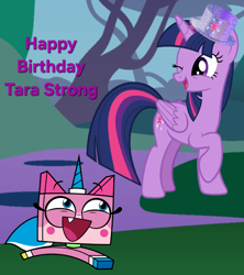 Size: 1064x1200 | Tagged: safe, artist:author92, imported from derpibooru, twilight sparkle, alicorn, pony, duo, duo female, female, glitter, happy birthday, lego, mare, one eye closed, outdoors, tara strong, the lego movie, twilight sparkle (alicorn), unikitty, unikitty!, voice actor joke, wink