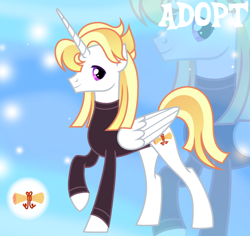 Size: 1280x1206 | Tagged: safe, artist:vi45, imported from derpibooru, oc, oc only, alicorn, pony, adoptable, alicorn oc, base used, black sweater, blonde mane, blonde tail, clothes, concave belly, folded wings, gradient background, horn, long horn, long mane, long mane male, long tail, looking back, male, male alicorn, male alicorn oc, male oc, profile, purple eyes, raised hoof, slender, smiling, solo, stallion, stallion oc, standing, standing on three hooves, straight mane, straight tail, sweat, sweater, tail, thin, two toned mane, two toned tail, unicorn horn, white coat, wings, zoom layer