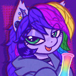 Size: 2048x2048 | Tagged: safe, artist:catponything, imported from derpibooru, oc, oc only, oc:lullaby, bat pony, :p, bat pony oc, bat wings, bong, bust, choker, clothes, commission, ear piercing, female, green eyes, high, hoodie, lidded eyes, looking at you, mare, multicolored hair, piercing, portrait, rainbow hair, smiling, smiling at you, solo, stoned, tongue out, wings