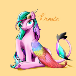 Size: 1000x1000 | Tagged: safe, artist:naafreelanceartist, imported from derpibooru, oc, oc only, oc:kraradia, dracony, dragon, hybrid, pony, colored wings, dracony oc, multicolored wings, rainbow wings, simple background, sitting, solo, wings