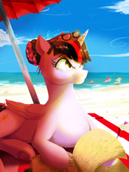 Size: 2711x3615 | Tagged: safe, artist:naafreelanceartist, imported from derpibooru, fluttershy, pinkie pie, rainbow dash, twilight sparkle, alicorn, earth pony, pegasus, pony, beach, beach ball, beach umbrella, book, female, glasses, glasses on head, hair bun, high res, lying down, mare, ocean, outdoors, prone, signature, smiling, smirk, solo, twilight sparkle (alicorn), water