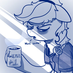 Size: 2000x2000 | Tagged: safe, artist:naafreelanceartist, imported from derpibooru, oc, oc only, oc:naa, earth pony, pony, bags under eyes, bust, clothes, coffee, dialogue, high res, holding, morning ponies, mug, sketch, solo, talking to viewer