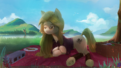 Size: 3840x2160 | Tagged: safe, artist:naafreelanceartist, imported from derpibooru, oc, oc only, earth pony, pony, basket, boombox, clothes, crossed hooves, food, high res, leg warmers, lying down, picnic, picnic basket, prone, reflection, sandwich, scenery, shirt, solo, tree, water, windmill