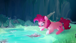 Size: 3840x2160 | Tagged: safe, artist:naafreelanceartist, imported from derpibooru, pinkie pie, earth pony, pony, 4k, cave, cave pool, commission, eyebrows, female, grass, high res, lying down, mare, mirror pool, open mouth, prone, signature, solo, water