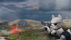 Size: 3840x2160 | Tagged: safe, artist:naafreelanceartist, imported from derpibooru, pony, 4k, crossover, fight, fire, high res, lying down, prone, rain, scenery, solo, star wars, stormtrooper, weapon