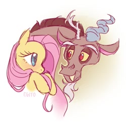 Size: 715x694 | Tagged: safe, artist:egitojuniior, imported from derpibooru, discord, fluttershy, draconequus, pegasus, pony, antlers, blushing, discoshy, duo, duo male and female, female, horn, looking at each other, looking at someone, male, shipping, signature, straight