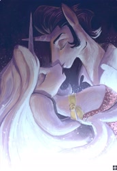 Size: 2736x3972 | Tagged: safe, artist:dongting30834, imported from derpibooru, king sombra, princess celestia, alicorn, pony, unicorn, celestibra, concave belly, duo, duo male and female, female, good king sombra, horn, kissing, male, shipping, slender, straight, thin