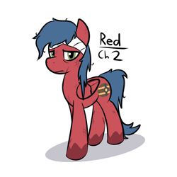 Size: 950x950 | Tagged: safe, artist:ossilia flawol, derpibooru exclusive, imported from derpibooru, oc, oc only, oc:red (someponys disillusion), fanfic:someponys disillusion, bandage, blue mane, bruised, coat markings, fanfic art, green eyes, injured, red coat, reference sheet, ruffled hair, simple background, solo, white background