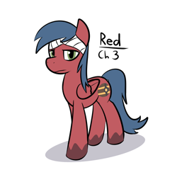 Size: 950x950 | Tagged: safe, artist:ossilia flawol, derpibooru exclusive, imported from derpibooru, oc, oc only, oc:red (someponys disillusion), pegasus, fanfic:someponys disillusion, bandage, blue mane, coat markings, fanfic art, green eyes, pegasus oc, red coat, reference sheet, simple background, solo, white background, wings