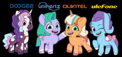 Size: 1080x506 | Tagged: safe, imported from derpibooru, earth pony, pegasus, pony, unicorn, black background, bow, coat markings, crossover, female, filly, foal, g5, glory (g5), grin, group, horn, jewelry, looking at you, my little pony: tell your tale, necklace, one eye closed, open mouth, open smile, peach fizz, pippsqueak trio, pippsqueaks, quartet, seashell (g5), simple background, smiling, smiling at you, socks (coat markings), tail, tail bow, violette rainbow, vitiligo, wink, winking at you