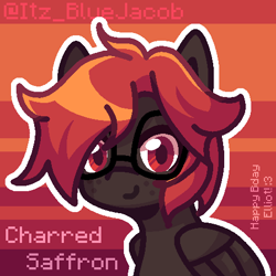 Size: 475x475 | Tagged: safe, artist:itz_bluejacob, derpibooru exclusive, imported from derpibooru, oc, oc only, oc:charred saffron, pegasus, pony, bust, digital art, folded wings, freckles, glasses, newbie artist training grounds, pixel art, portrait, red background, simple background, solo, watermark, wings