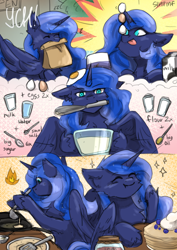 Size: 2480x3508 | Tagged: safe, artist:sinrinf, imported from derpibooru, princess luna, alicorn, balancing, batter, blueberry, bowl, comic, commission, cooking, egg (food), egg beater, flour, food, frying pan, indoors, jam, milk, milk carton, mixing bowl, pancakes, ponies balancing stuff on their nose, sketch, solo, spoon, ych example, your character here